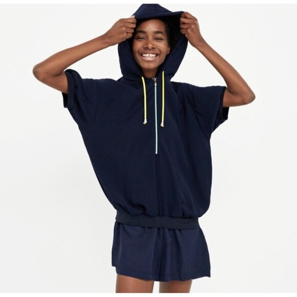 Zara Basic Womens Short Sleeve Hoodie Jumpsuit Romper Dress Navy Blue Size M - Picture 1 of 10